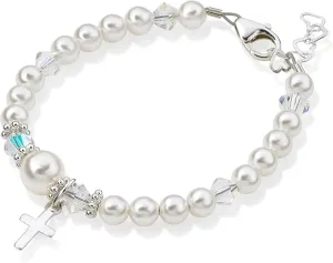 Baptism Bracelet for Baby Girls | Sterling Silver with High-End Austrian Simulated Pearls | Perfect Christening and Baptism Gift for Girls | Elegant Catholic Keepsake (Baptism-Girl)
