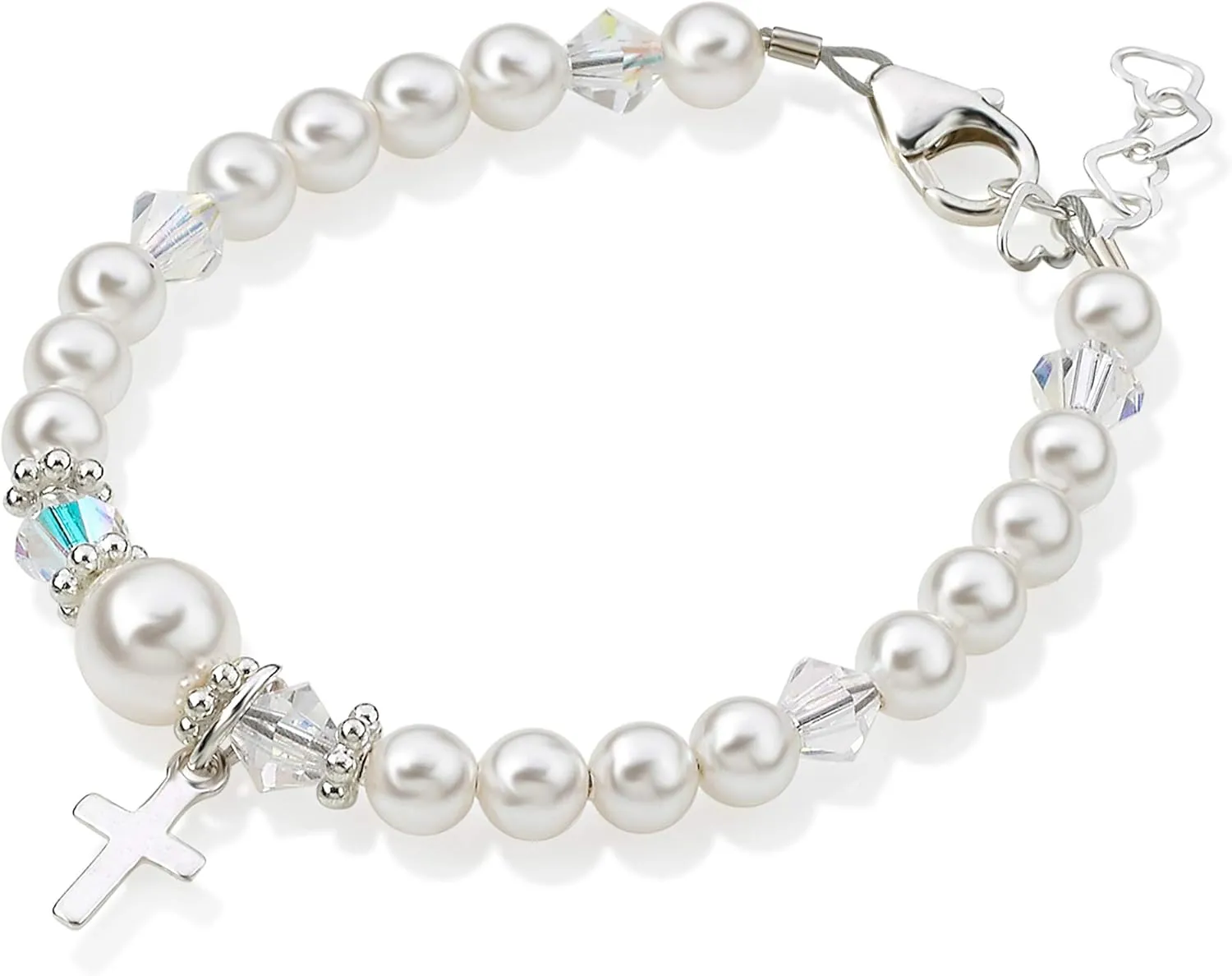 Baptism Bracelet for Baby Girls | Sterling Silver with High-End Austrian Simulated Pearls | Perfect Christening and Baptism Gift for Girls | Elegant Catholic Keepsake (Baptism-Girl)
