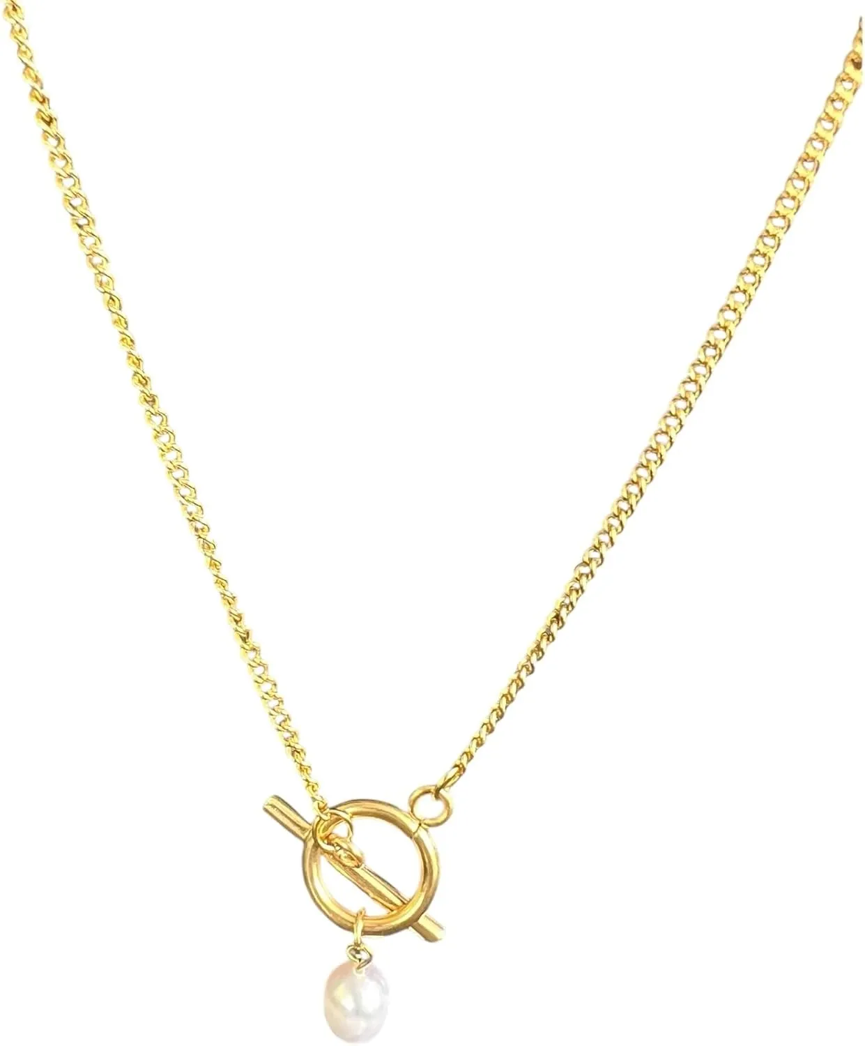 Baroque Freshwater Pearl Pendant Necklace 18K Karat Gold Plated Mothers Day Gift for Women - Real Pearl Necklace with Toggle Chain - 23 Inch Chain Gold Plated Jewelry, Nickel Free, Hypoallergenic