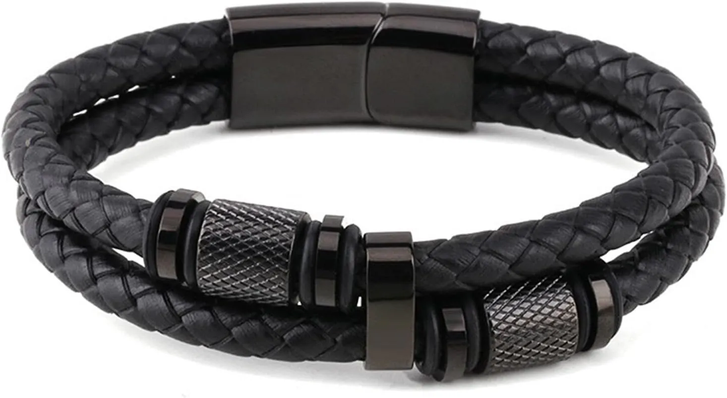 Beaded Double layer Leather Bracelet for Men Braided Leather Bracelet Gold and Black Men's Black Braided 316 Stainless Steel Clasp Leather Premium Leather Bracelets