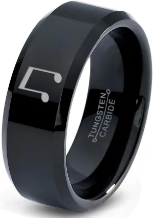 Beam Note Music Ring - Tungsten Band 8mm - Men - Women - 18k Rose Gold Step Bevel Edge - Yellow - Grey - Blue - Black - Brushed - Polished - Wedding - Gift Dome Flat