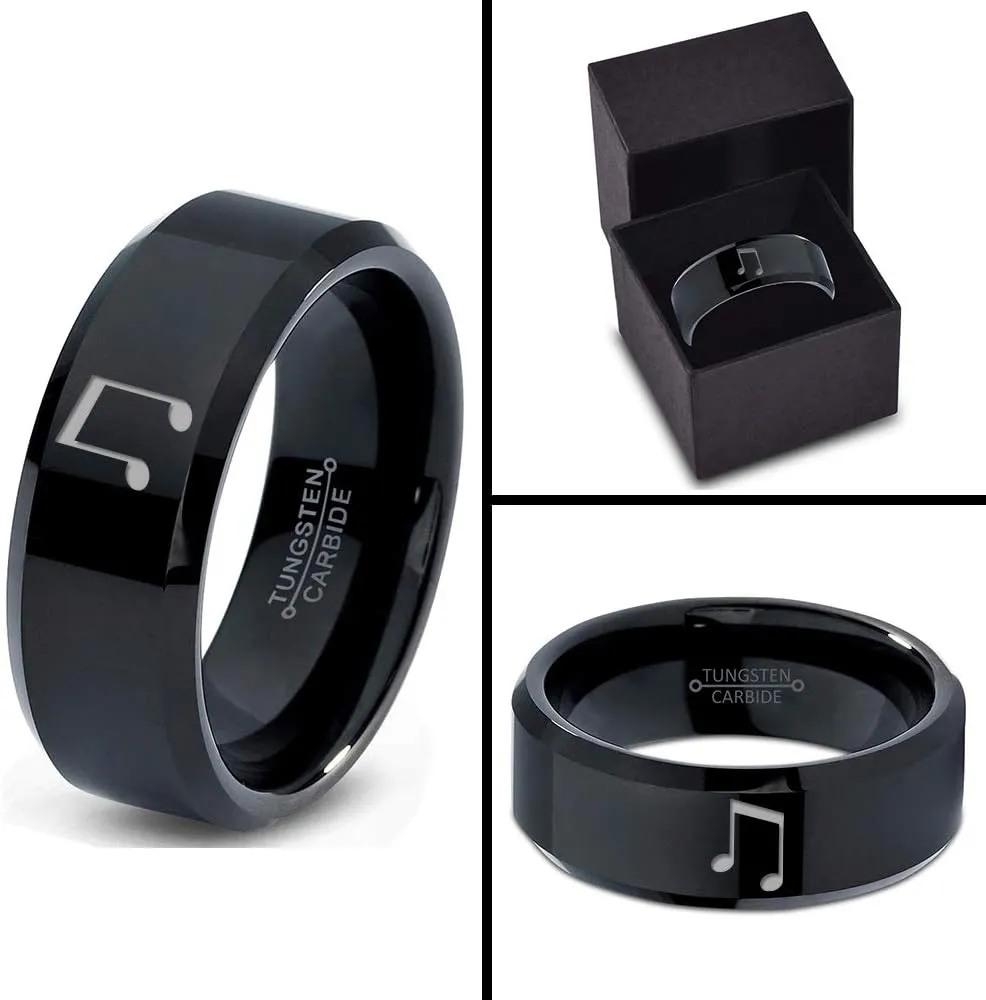 Beam Note Music Ring - Tungsten Band 8mm - Men - Women - 18k Rose Gold Step Bevel Edge - Yellow - Grey - Blue - Black - Brushed - Polished - Wedding - Gift Dome Flat