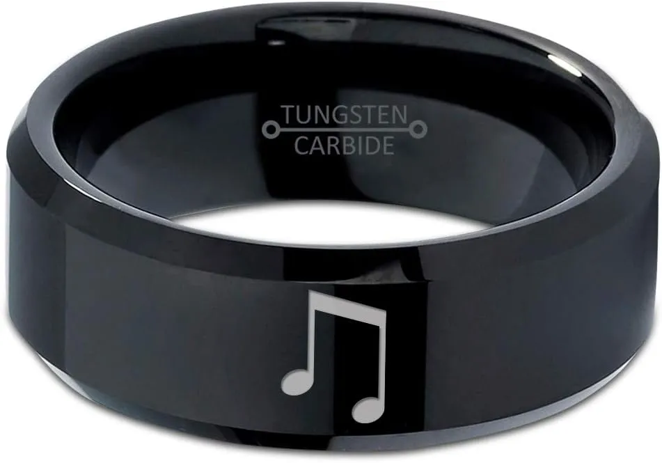Beam Note Music Ring - Tungsten Band 8mm - Men - Women - 18k Rose Gold Step Bevel Edge - Yellow - Grey - Blue - Black - Brushed - Polished - Wedding - Gift Dome Flat
