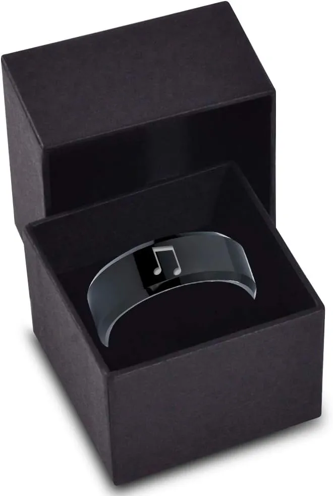 Beam Note Music Ring - Tungsten Band 8mm - Men - Women - 18k Rose Gold Step Bevel Edge - Yellow - Grey - Blue - Black - Brushed - Polished - Wedding - Gift Dome Flat