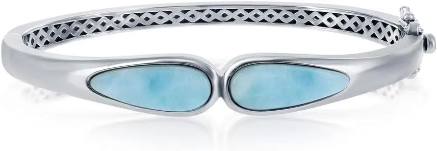 Beaux Bijoux 925 Sterling Silver Rhodium Plated High Polished Double Pear-Shaped Natural Caribbean Larimar Gemstone Solid Finish Design Back Bangle Bracelet