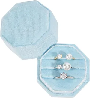 Beebeecraft Velvet Ring Box 3 Slots Blue Octagon Couple Jewellery Ring Holder Box Storage with Detachable Lid for Proposal Engagement Wedding Ceremony Anniversary Birthday Gift 2x2x1.96 inch
