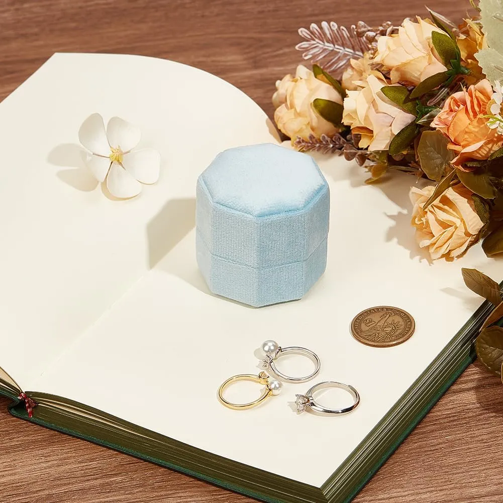 Beebeecraft Velvet Ring Box 3 Slots Blue Octagon Couple Jewellery Ring Holder Box Storage with Detachable Lid for Proposal Engagement Wedding Ceremony Anniversary Birthday Gift 2x2x1.96 inch