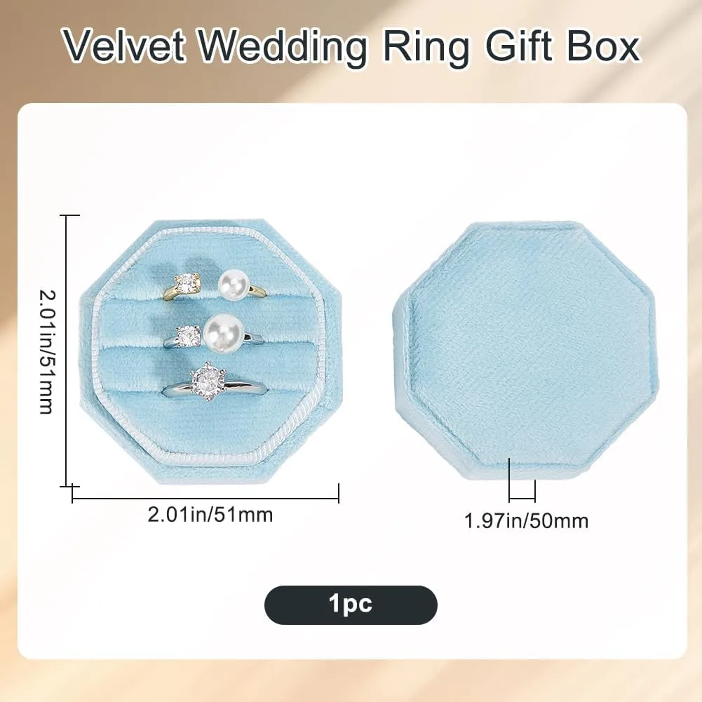 Beebeecraft Velvet Ring Box 3 Slots Blue Octagon Couple Jewellery Ring Holder Box Storage with Detachable Lid for Proposal Engagement Wedding Ceremony Anniversary Birthday Gift 2x2x1.96 inch