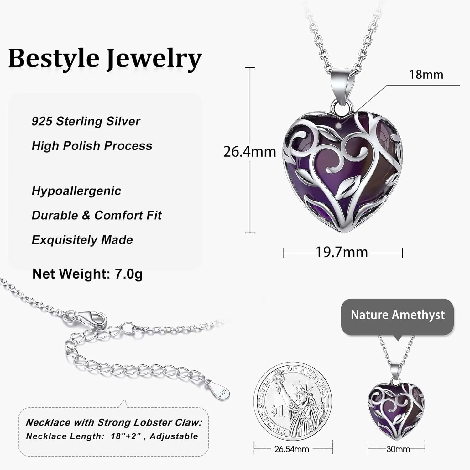 Bestyle Tree of Life Wrapped Healing Crystal Necklaces 12 Month Birthstone Pendant for Women, Crescent/Heart Gemstone Jewelry, Vintage Birthday Gifts/Energy Gift