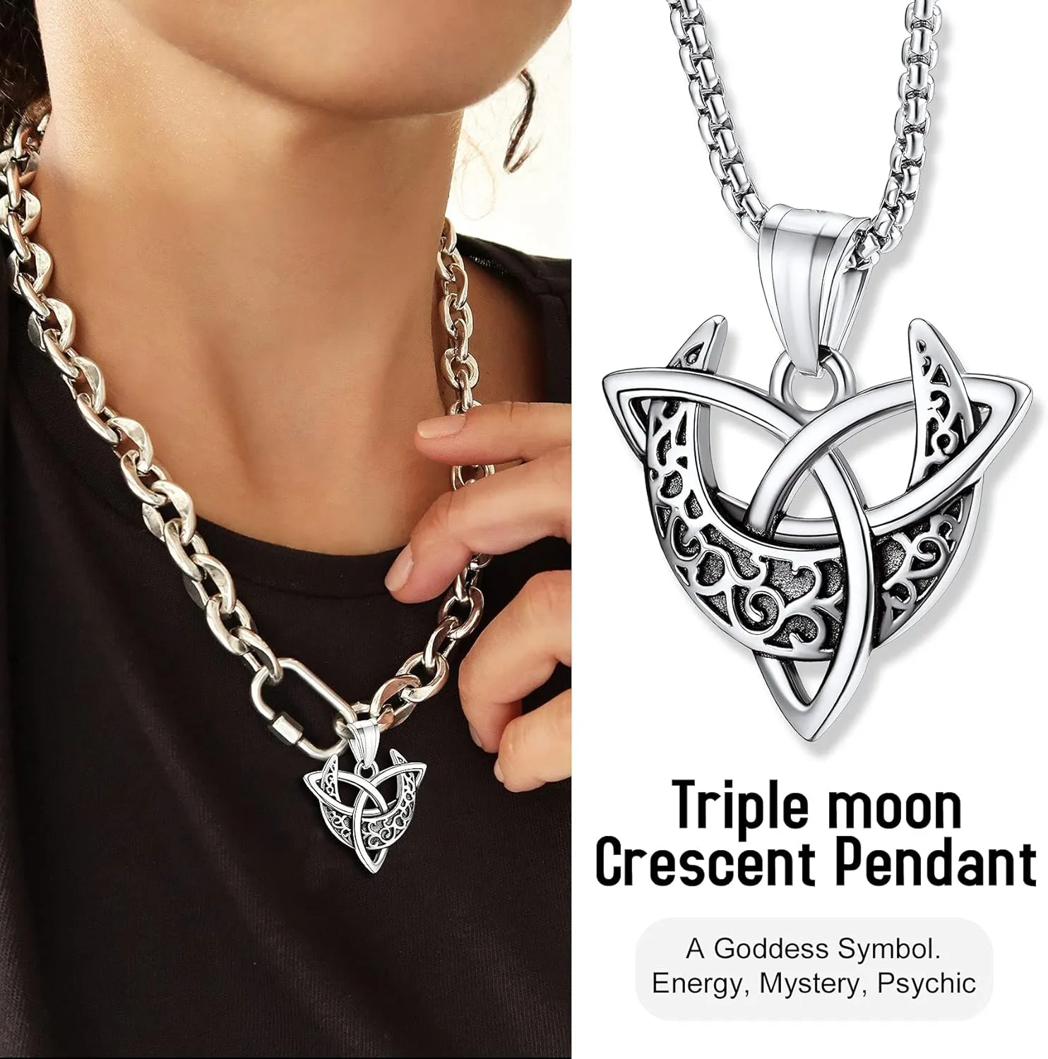 Bestyle Triple Moon Goddness Necklace-Celtic Knot/Tree of Life/Pentacle Pendants, Faithful Religious Wiccan Protection Anmulet Jewelry for Women Girls, Customizable