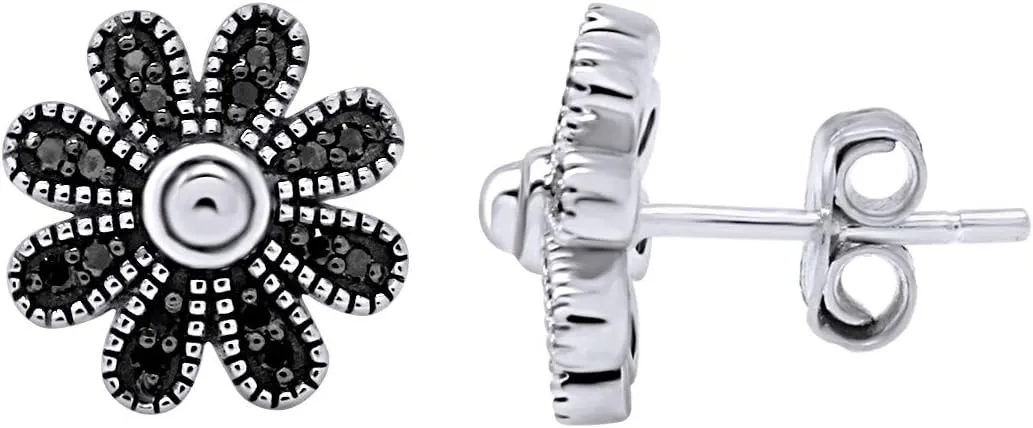 Black Natural Diamond Daisy Stud Earrings in 14k Gold Plated 925 Sterling Silver For Women (1/10 Cttw, Black Color, I2-I3 Clarity)