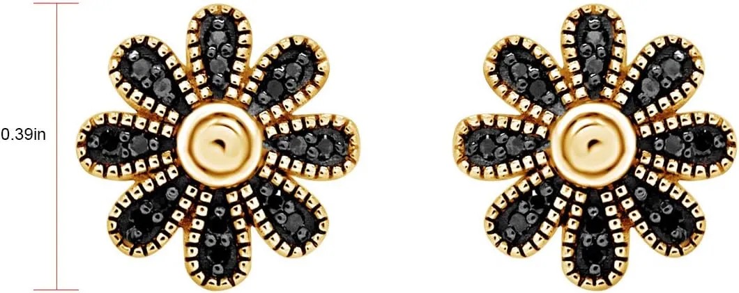 Black Natural Diamond Daisy Stud Earrings in 14k Gold Plated 925 Sterling Silver For Women (1/10 Cttw, Black Color, I2-I3 Clarity)