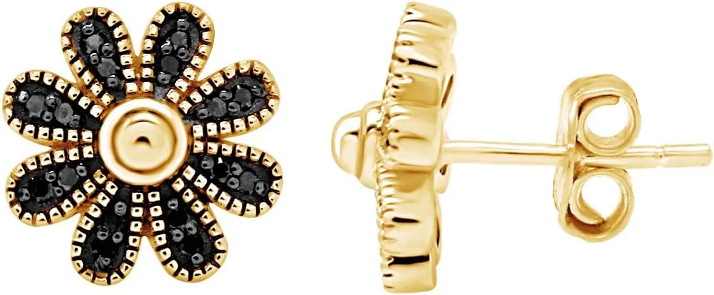Black Natural Diamond Daisy Stud Earrings in 14k Gold Plated 925 Sterling Silver For Women (1/10 Cttw, Black Color, I2-I3 Clarity)