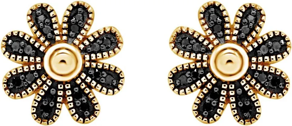 Black Natural Diamond Daisy Stud Earrings in 14k Gold Plated 925 Sterling Silver For Women (1/10 Cttw, Black Color, I2-I3 Clarity)