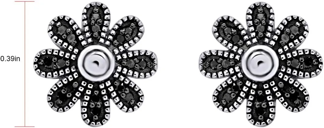 Black Natural Diamond Daisy Stud Earrings in 14k Gold Plated 925 Sterling Silver For Women (1/10 Cttw, Black Color, I2-I3 Clarity)