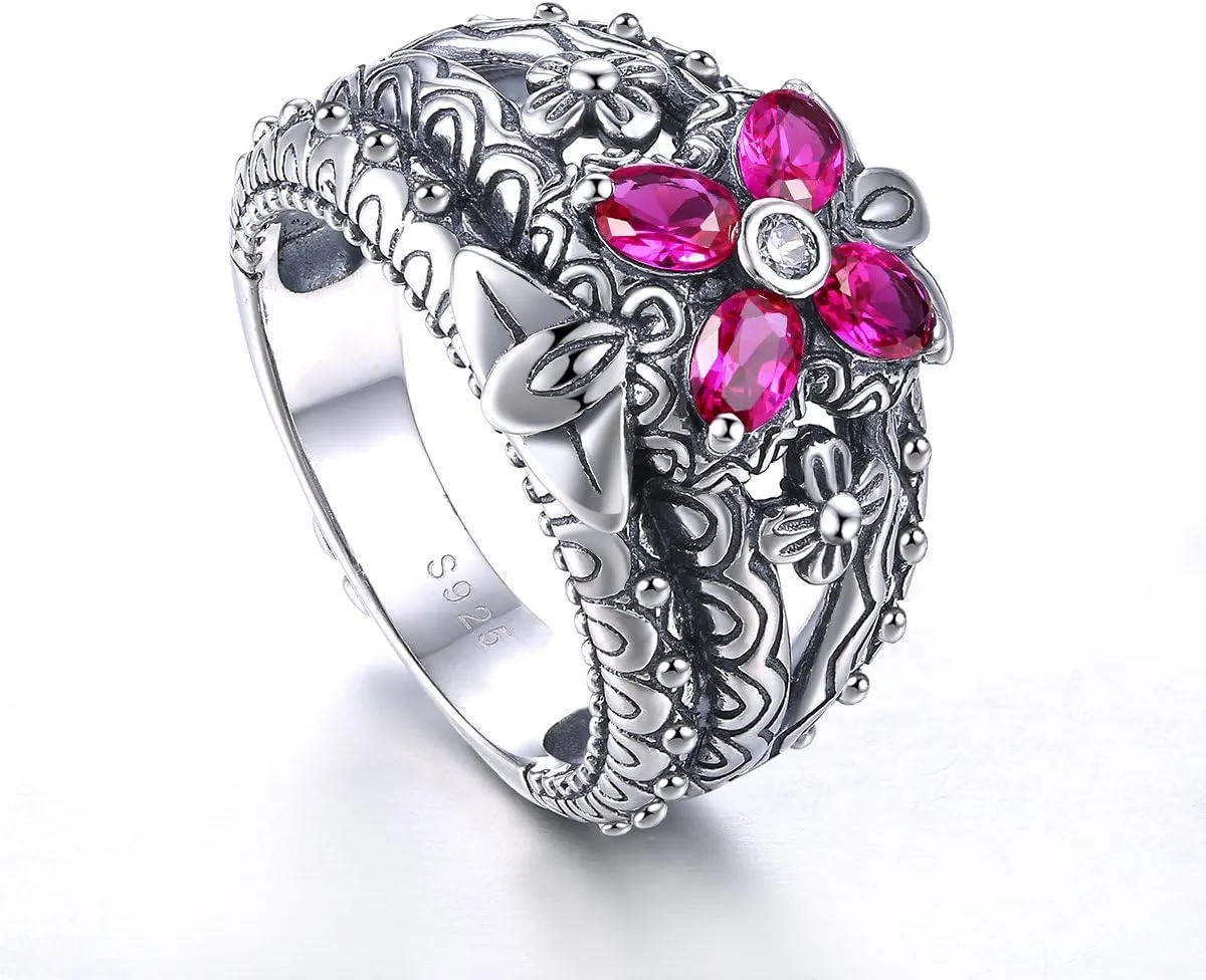 Black Oxidized Finished 925 Sterling Silver Vintage Boho Floral Band Ring for Women