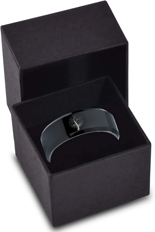 Blossom Nature Tree Ring - Tungsten Band 8mm - Men - Women - 18k Rose Gold Step Bevel Edge - Yellow - Grey - Blue - Black - Brushed - Polished - Wedding - Gift Dome Flat