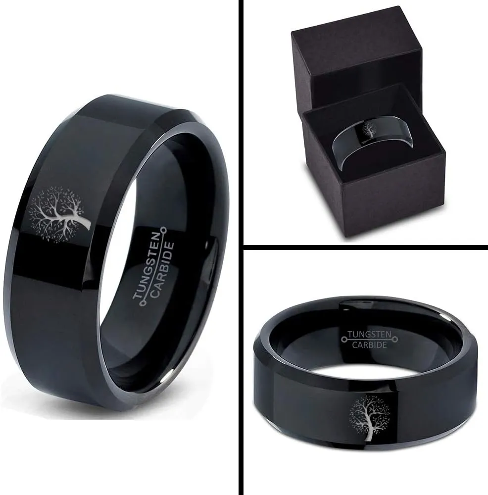 Blossom Nature Tree Ring - Tungsten Band 8mm - Men - Women - 18k Rose Gold Step Bevel Edge - Yellow - Grey - Blue - Black - Brushed - Polished - Wedding - Gift Dome Flat