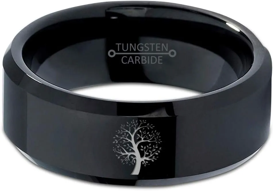 Blossom Nature Tree Ring - Tungsten Band 8mm - Men - Women - 18k Rose Gold Step Bevel Edge - Yellow - Grey - Blue - Black - Brushed - Polished - Wedding - Gift Dome Flat