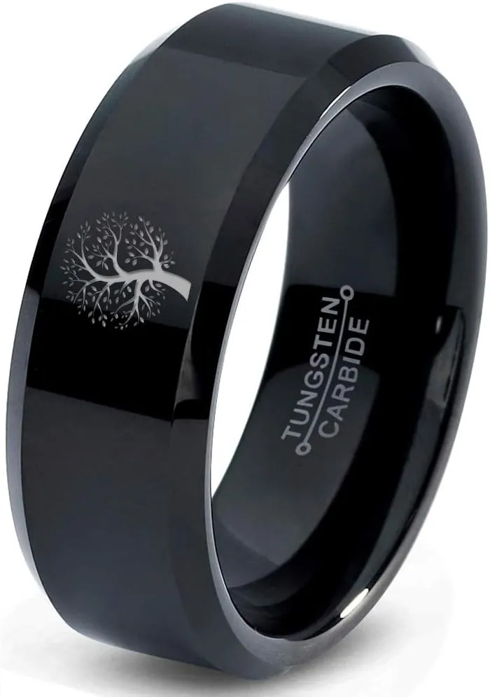 Blossom Nature Tree Ring - Tungsten Band 8mm - Men - Women - 18k Rose Gold Step Bevel Edge - Yellow - Grey - Blue - Black - Brushed - Polished - Wedding - Gift Dome Flat