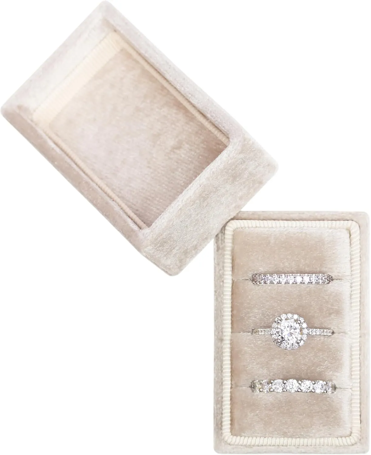 BLUTETE Rectangle 3 Slots Italian Velvet Jewelry Box Engagement Wedding Photo Ring Box Keepsake Box Triple Ring Gift Box (Champagne)
