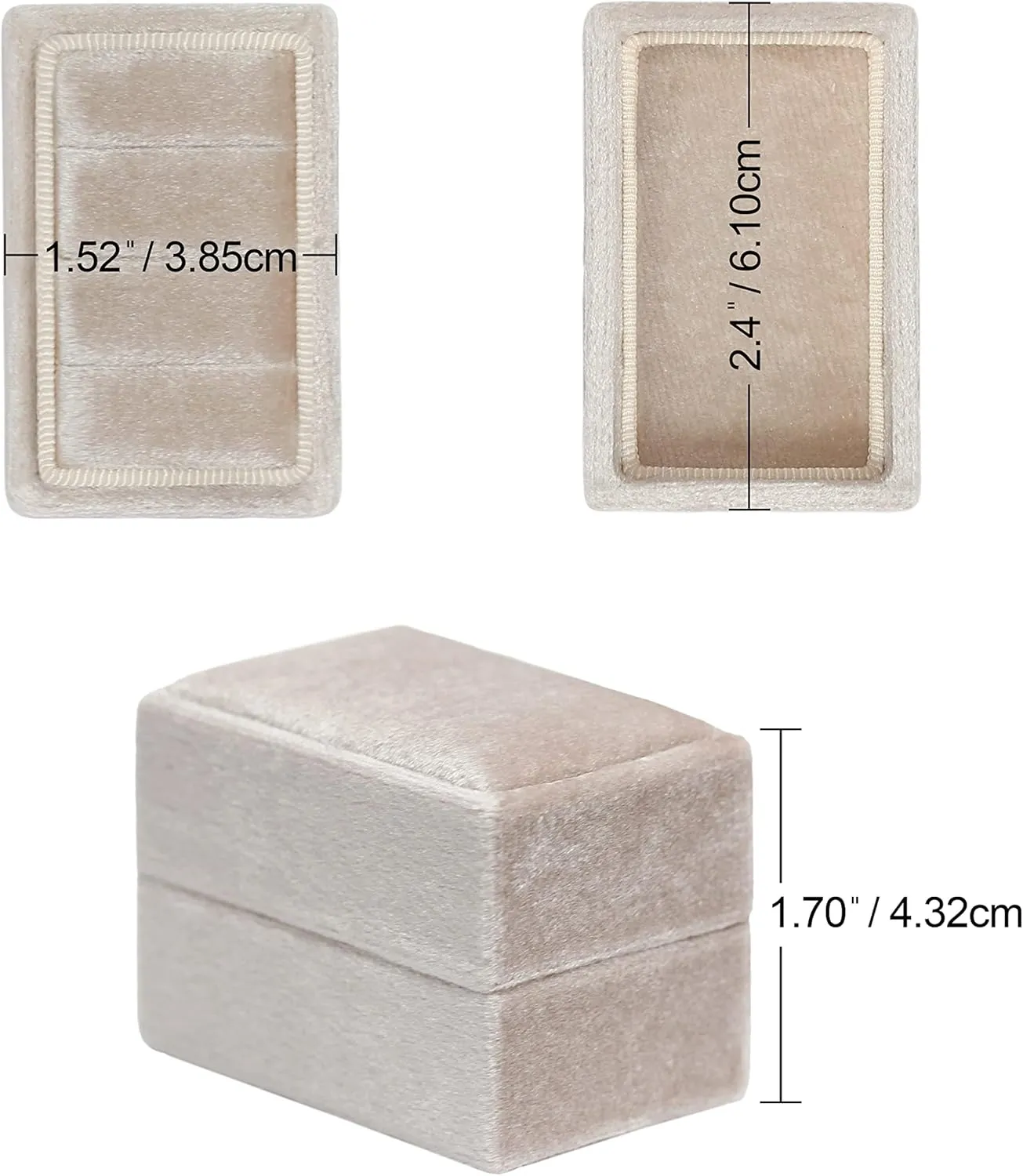 BLUTETE Rectangle 3 Slots Italian Velvet Jewelry Box Engagement Wedding Photo Ring Box Keepsake Box Triple Ring Gift Box (Champagne)