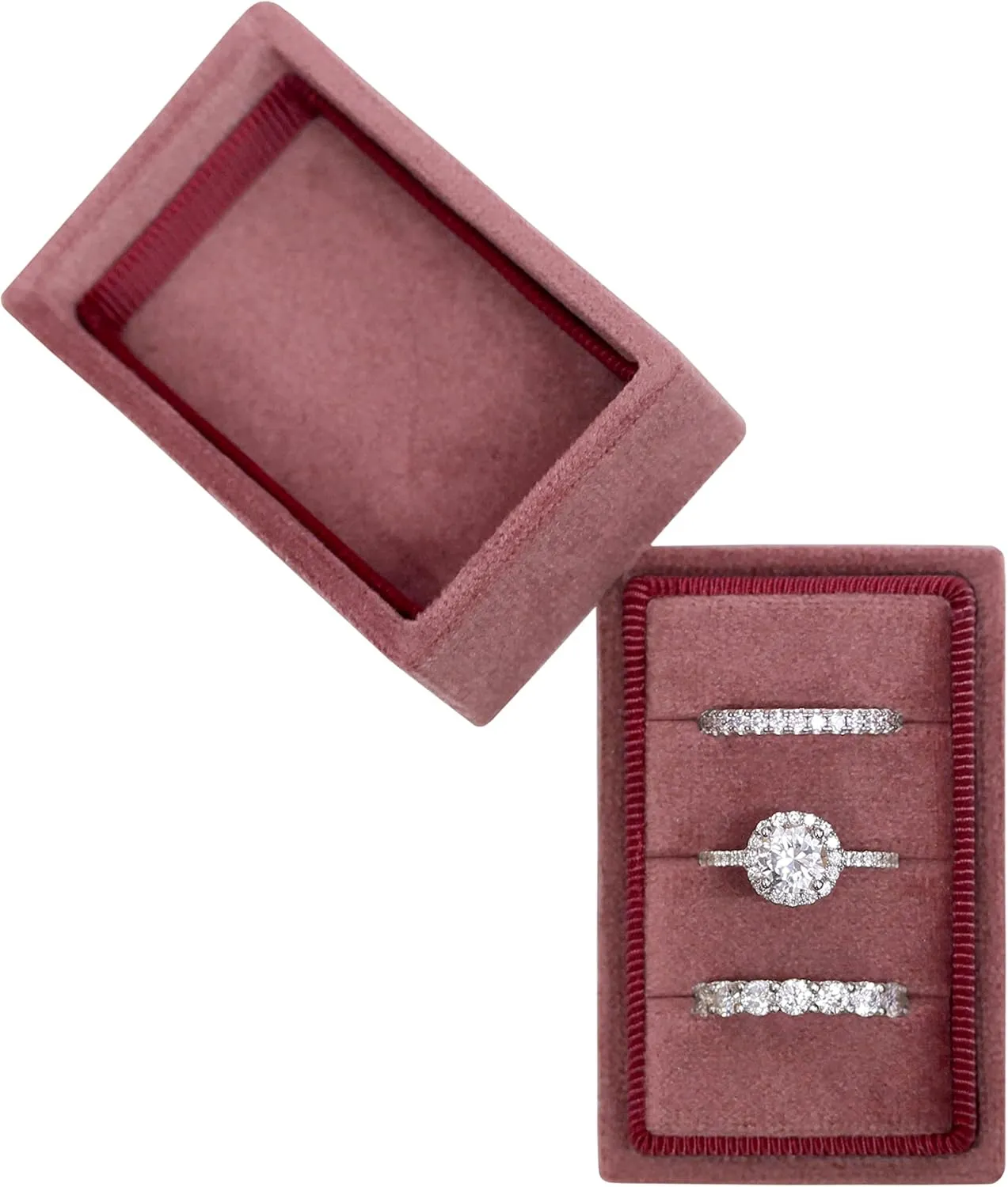 BLUTETE Rectangle 3 Slots Italian Velvet Jewelry Box Engagement Wedding Photo Ring Box Keepsake Box Triple Ring Gift Box (Dusty Rose)