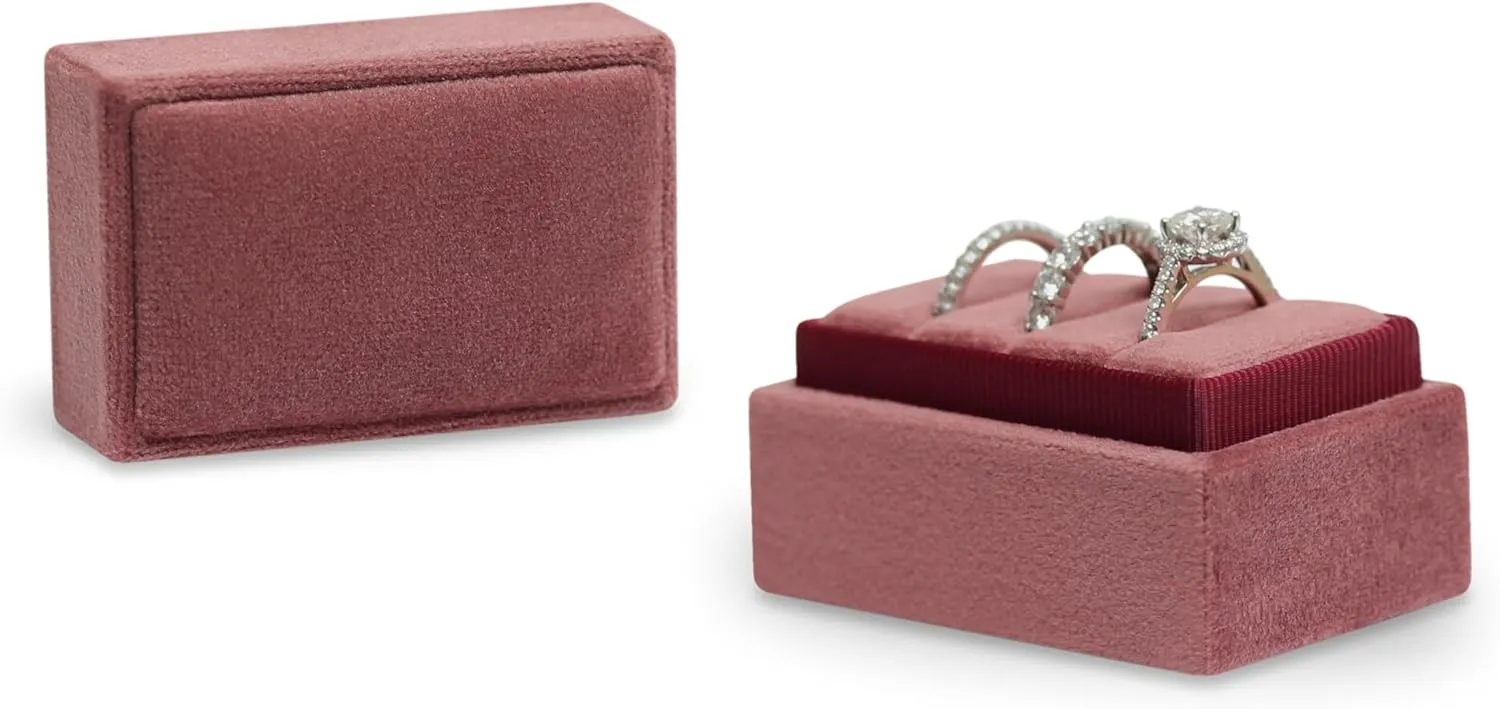 BLUTETE Rectangle 3 Slots Italian Velvet Jewelry Box Engagement Wedding Photo Ring Box Keepsake Box Triple Ring Gift Box (Dusty Rose)