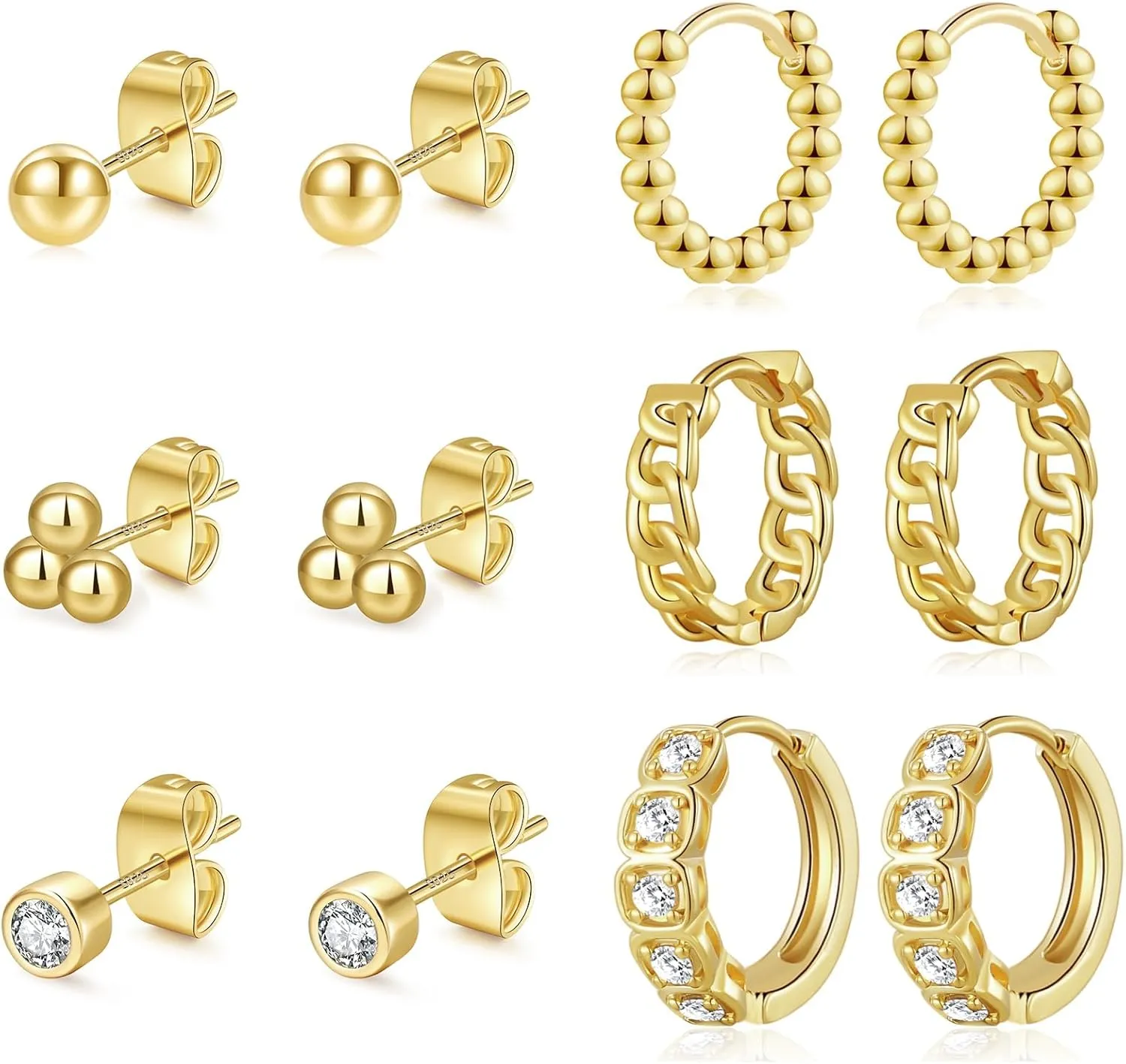 BMMYE 4/6/8Pcs Sterling Silver Stud Earrings for Women Hypoallergenic Cubic Zirconia Earrings Studs Small Gold Studs Earrings for Women Gift