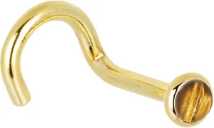 Body Candy Solid 14k Yellow Gold 2mm Tiger Eye Right Nose Stud Screw 18 Gauge 1/4"