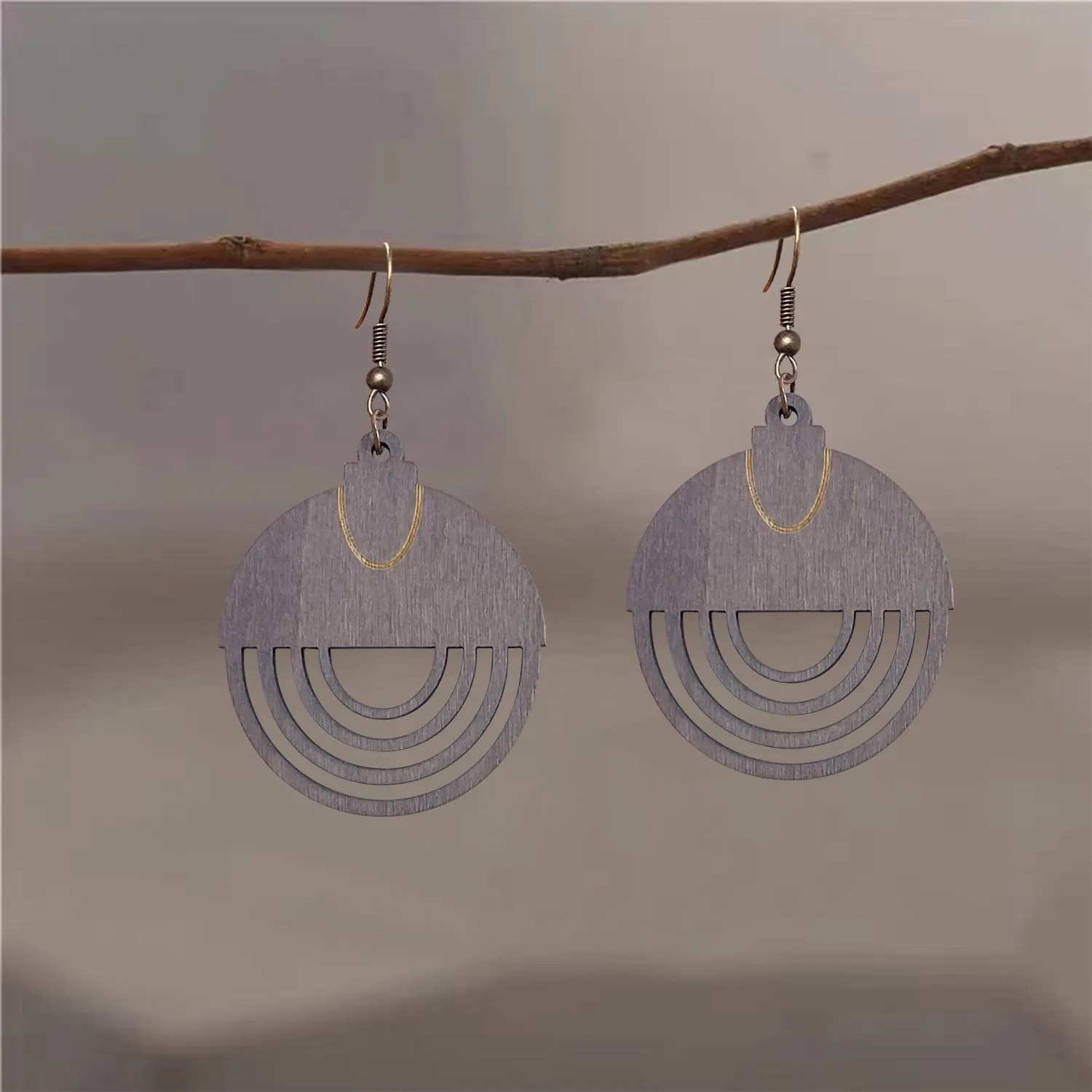 Bohemian Style Hollowing Round Wooden Statement Dangle Drop Earrings Tribal Geometric Retro Handmade Wooden Hook Earrings