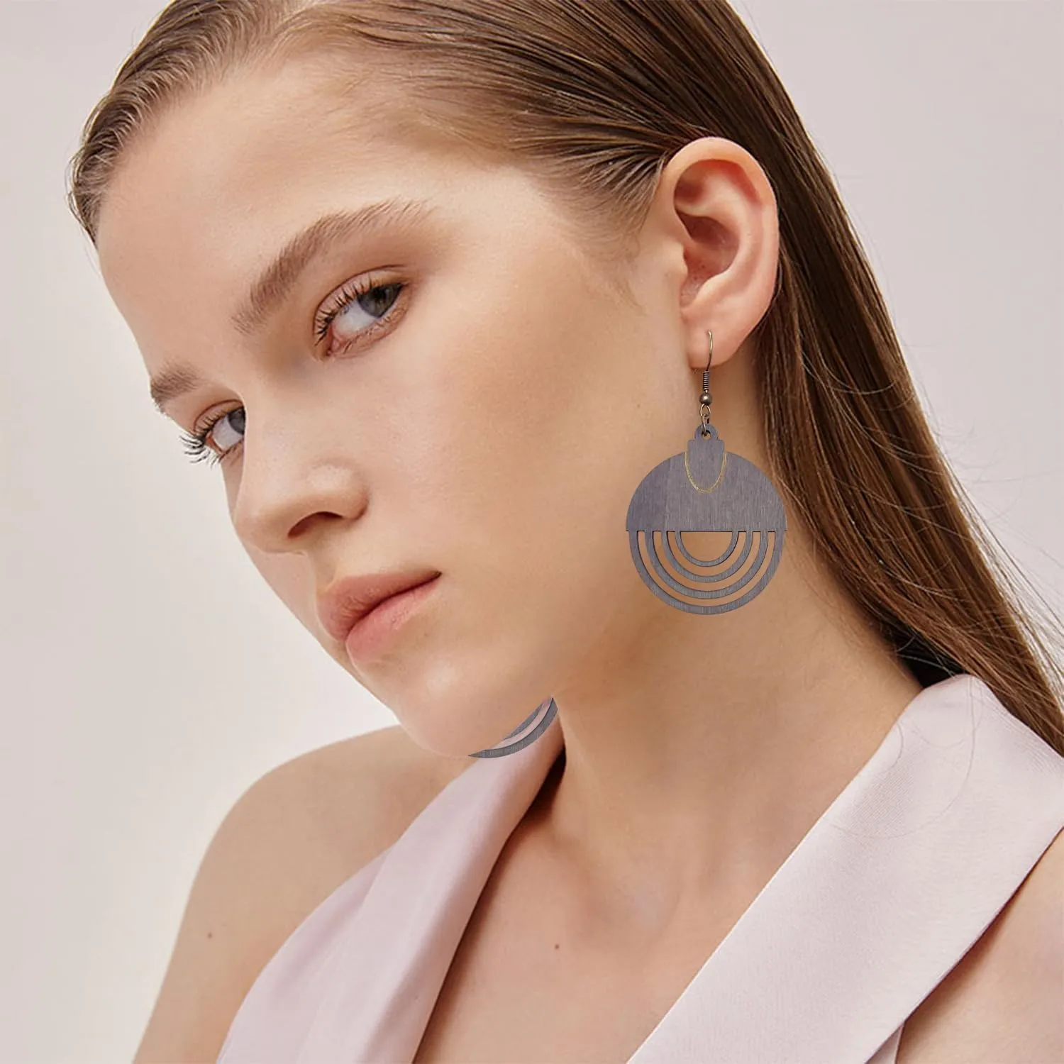 Bohemian Style Hollowing Round Wooden Statement Dangle Drop Earrings Tribal Geometric Retro Handmade Wooden Hook Earrings