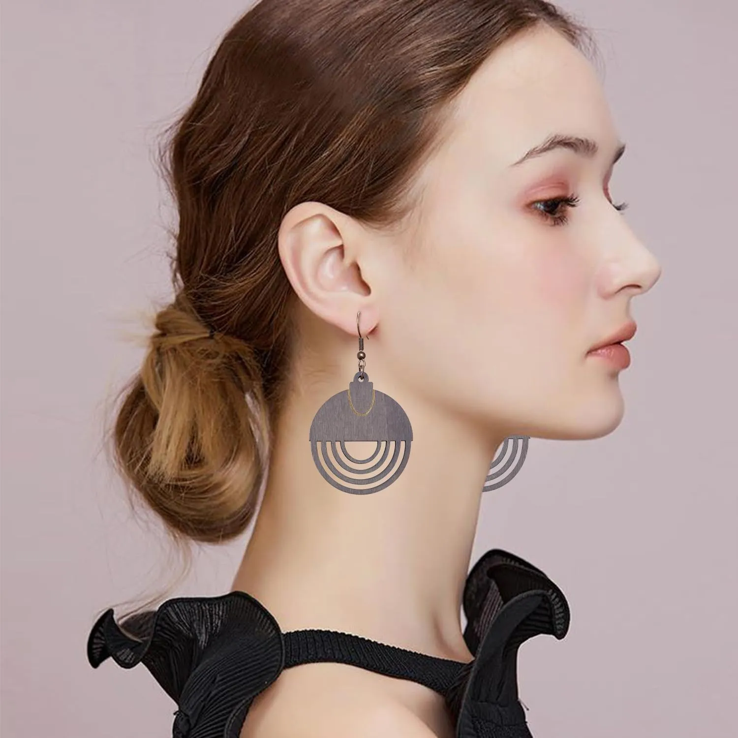 Bohemian Style Hollowing Round Wooden Statement Dangle Drop Earrings Tribal Geometric Retro Handmade Wooden Hook Earrings
