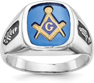 Bonyak Jewelry 14k White Gold Men's Polished & Grooved w/Black Enamel & Imitation Blue Spinel