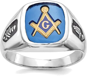 Bonyak Jewelry 14k White Gold Men's Polished & Grooved w/Black Enamel & Imitation Blue Spinel