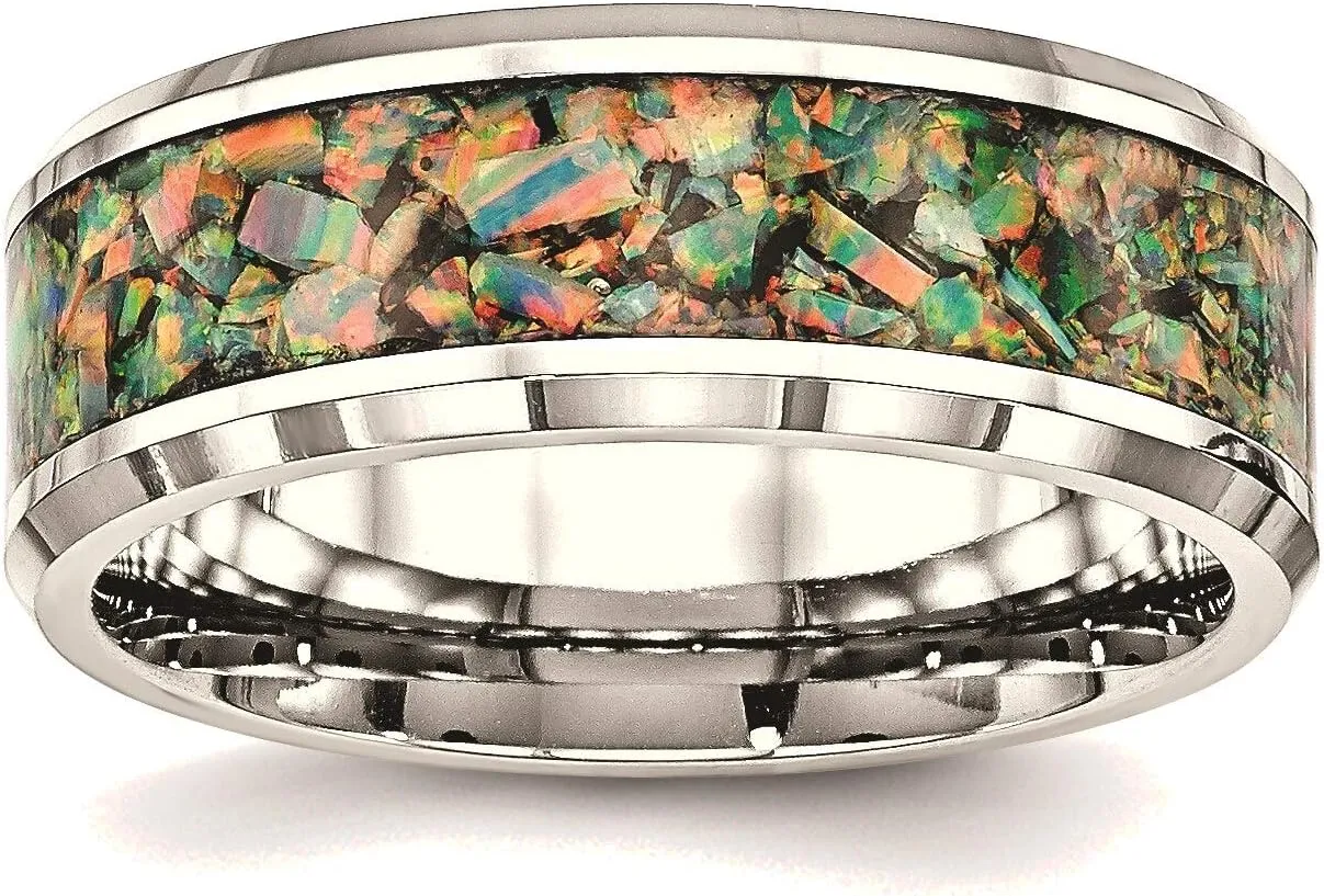 Bonyak Jewelry Chisel Stainless Steel Polished w/Imitation Opal Inlay 8mm Band in Stainless S
