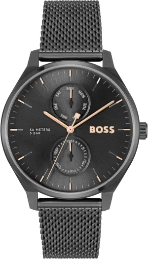 BOSS Hugo Men's Tyler Black Ionic Plated Stainless Steel Case and Mesh Bracelet, Modern Minimalism, Multifunction Watch, Model (1514105)
