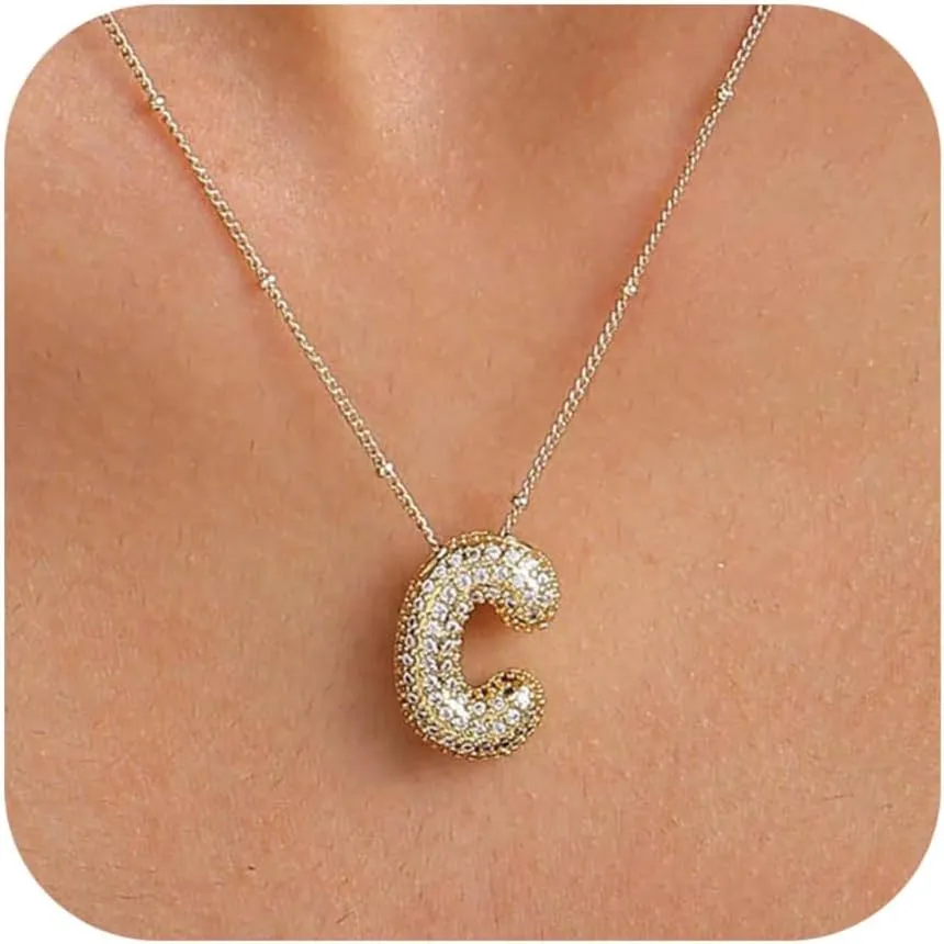 Bubble Gold Letter Necklace for Women Teen Dainty Balloon Initial Necklaces 14K Gold Plated Alphabet Pendant Necklace Personalized Trendy Jewelry Gift