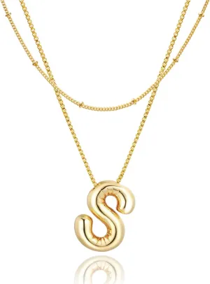 Bubble Letter Necklace, 18K Gold Plated Layered Balloon A-Z Initial Necklace for Women, Chunky Letter Pendant Necklace Dainty Jewelry Gift