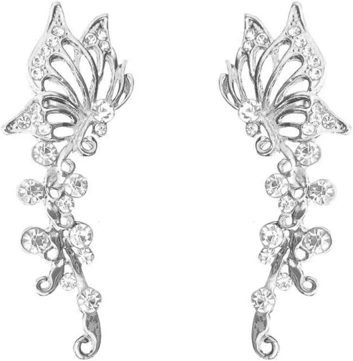 Butterfly Ear Cuff Earrings Gold Silver Crystal Butterfly Crawler Climber Ear Clip Earrings Hollow Butterfly Elven Wrap Earrings for Women