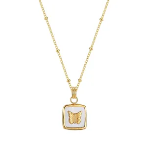 Butterfly Necklaces for Girls Dainty Butterfly Pendant Necklace Mother of Pearl Necklace for Women Girls, 18K Gold Plated, Adjustable