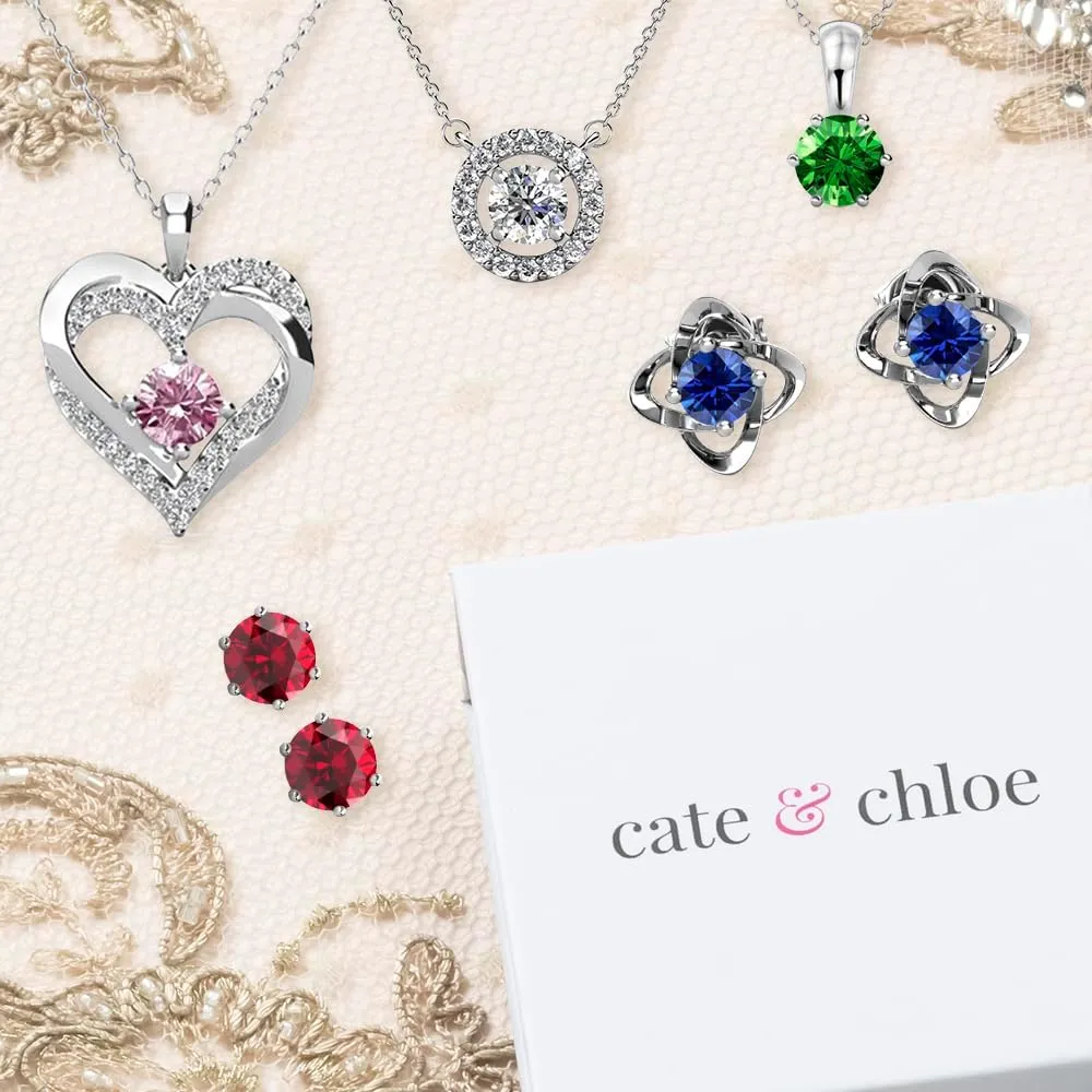 Cate & Chloe 18k White Gold Plated Birthstone Necklaces for Women, Silver Necklace for Women, White Gold Pendant Necklace with Round Cut Solitaire Crystals, Fashion Jewelry for Women