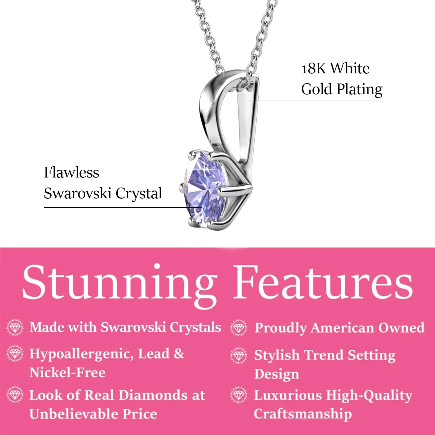 Cate & Chloe 18k White Gold Plated Birthstone Necklaces for Women, Silver Necklace for Women, White Gold Pendant Necklace with Round Cut Solitaire Crystals, Fashion Jewelry for Women