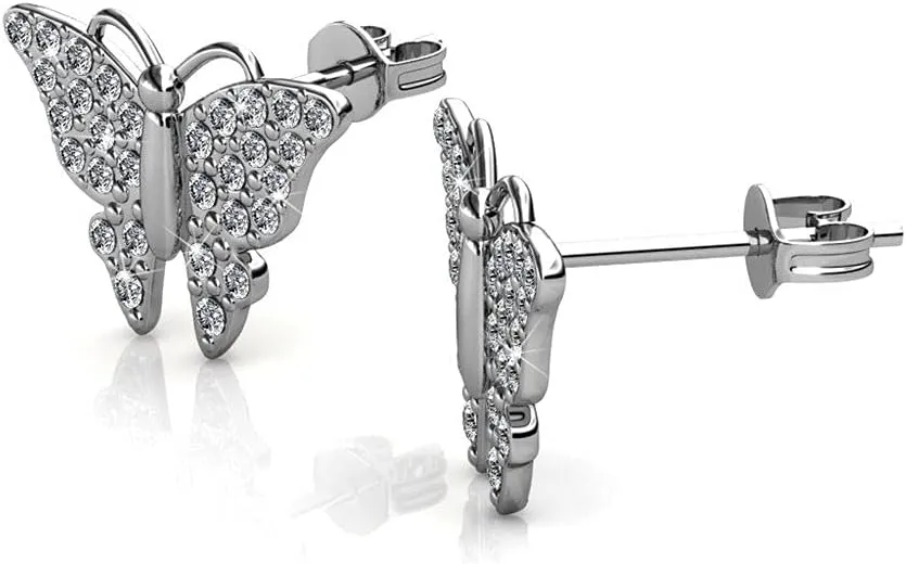 Cate & Chloe Everlee Spirited White Gold Butterfly Earrings, 18k Gold Plated Studs with Crystals, Butterfly Stud Earring Set with Pave Stone Crystals
