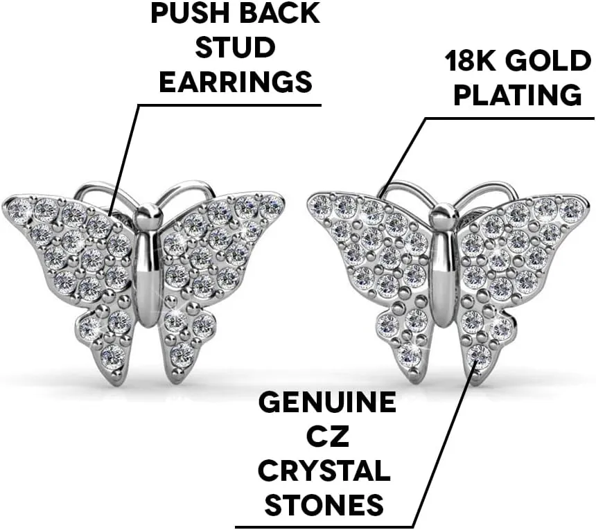 Cate & Chloe Everlee Spirited White Gold Butterfly Earrings, 18k Gold Plated Studs with Crystals, Butterfly Stud Earring Set with Pave Stone Crystals