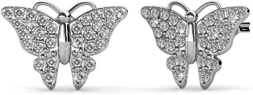 Cate & Chloe Everlee Spirited White Gold Butterfly Earrings, 18k Gold Plated Studs with Crystals, Butterfly Stud Earring Set with Pave Stone Crystals