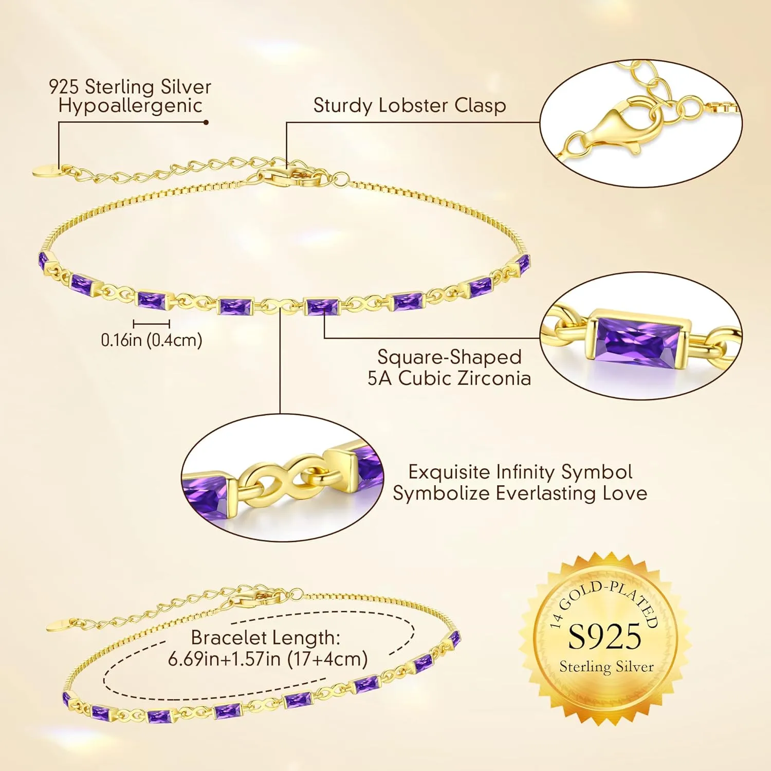 CDE 925 Sterling Silver Birthstone Bracelets for Women Dainty Simple Link Charm Infinity Tennis Bracelet Birthday Anniversary Valentine's Mother's Day Gifts for Mom Wife Her, Chain Length 6.7 1.6