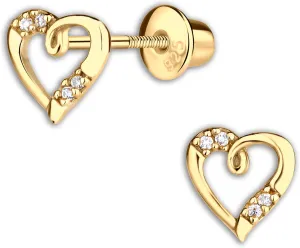 Cherished Moments Girl's 14K Gold-Plated Heart Earring with CZs and Screw Back Hypoallergenic Studs for Babies, Toddlers, and Kids