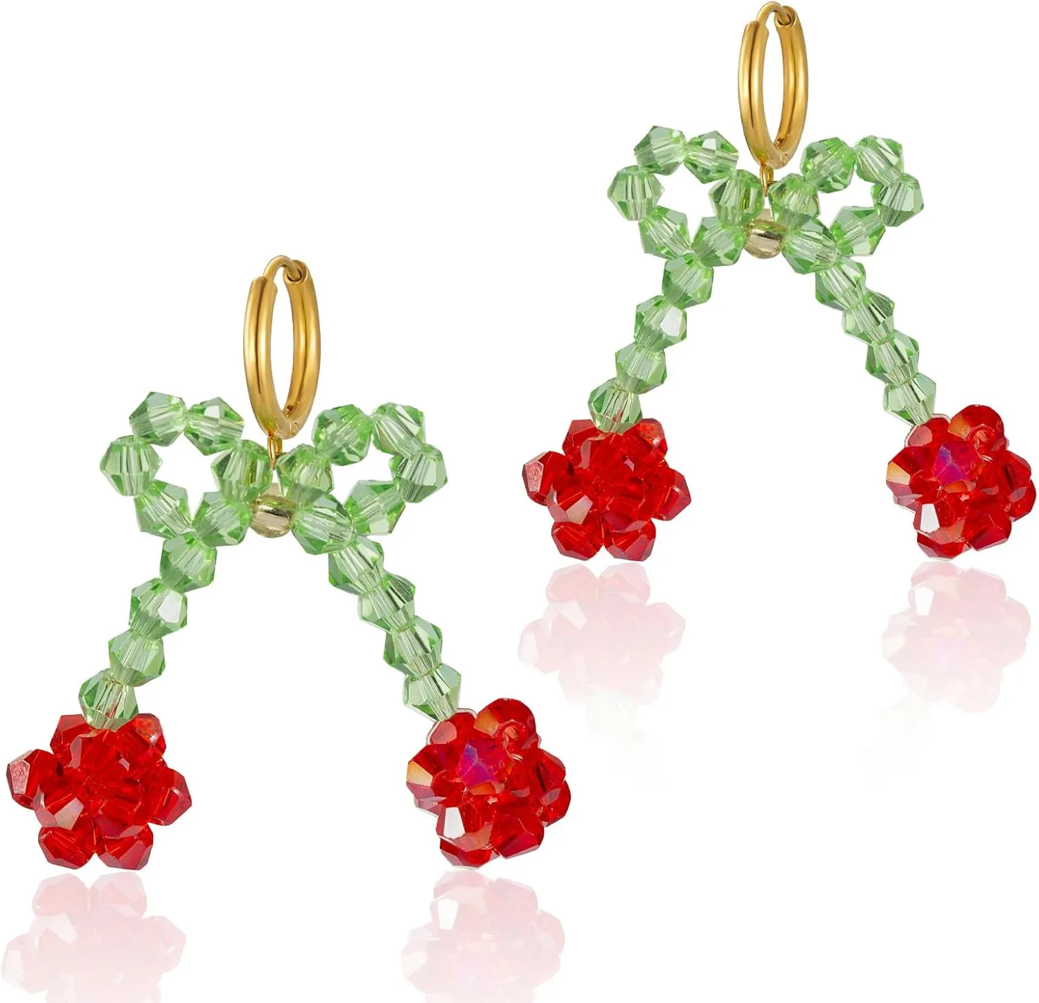 Cherry Hoop Earrings, Bow Earrings Shining Green Leaf Ruby Red Cherry Hoop Earrings, Red Crystal Novelty Fun Dangle Earrings Tropical Fruit Jewelry Gifts for Women