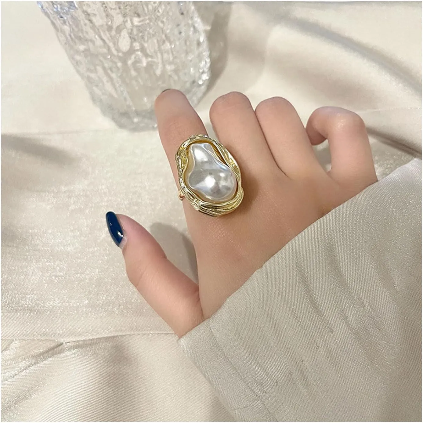Choistily Pearl Ring for women Geometrical Irregular Pearl Ring Womens Open Adjustable Index Finger Rings